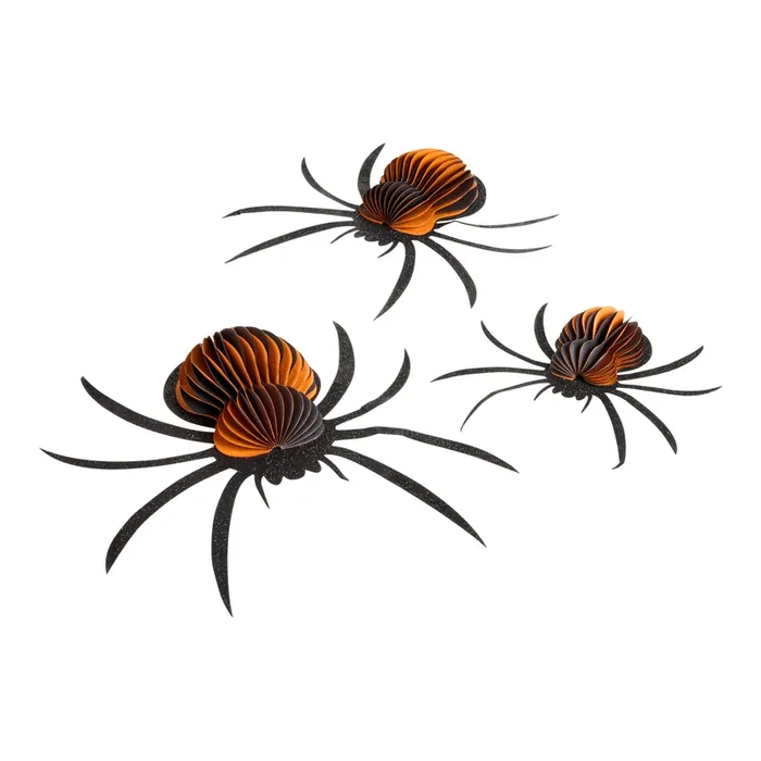 Black and Orange Honeycomb Adhesive Spider Decor 3 Piece