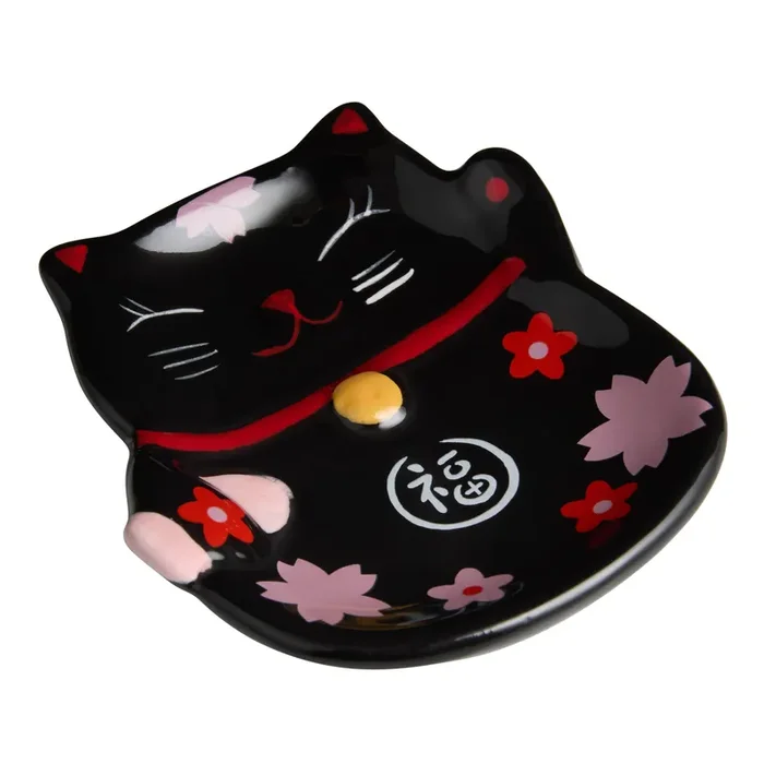 Black and Pink Ceramic Lucky Cat Floral Figural Tea Rest
