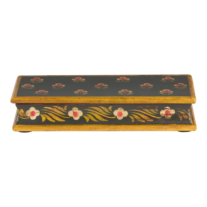 Black and Pink Hand Painted Wood Floral Trinket Box