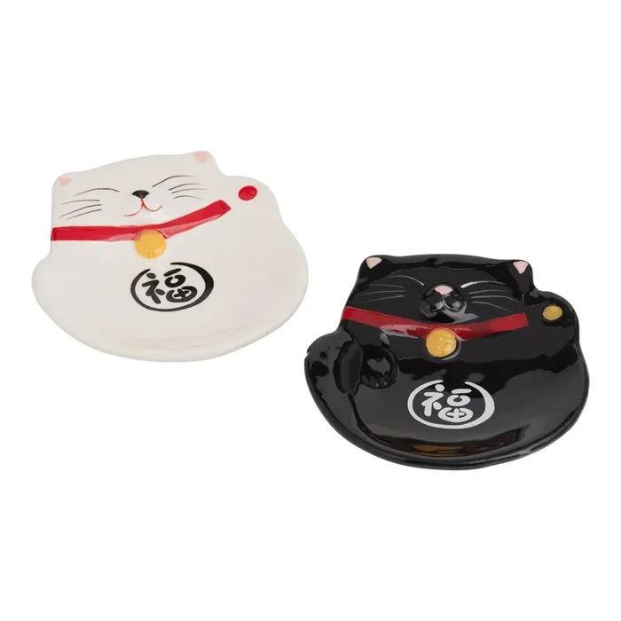 Black and White Ceramic Lucky Cat Figural Tea Rests Set of 2