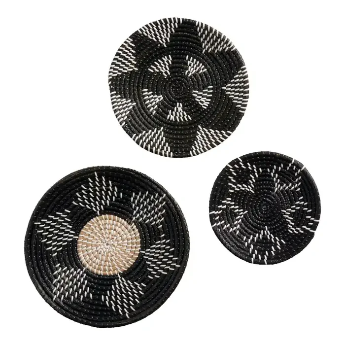 Black and White Seagrass Woven Disc Wall Decor 3 Piece