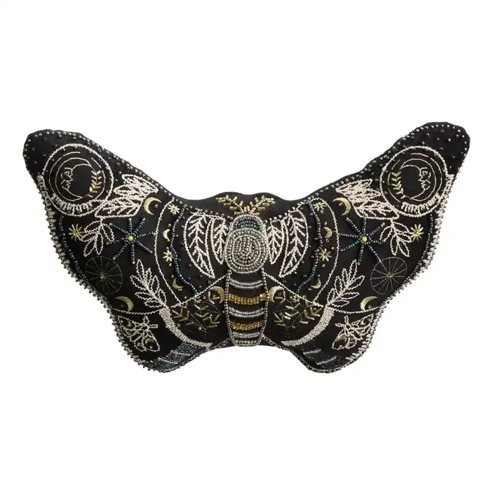 Black Celestial Beaded Moth Shaped Embroidered Throw Pillow