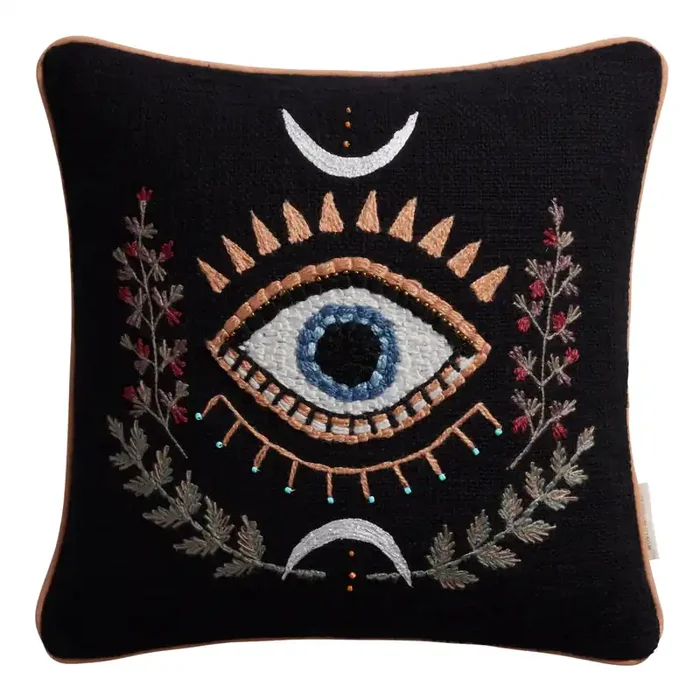 Black Embroidered Celestial Eye Throw Pillow