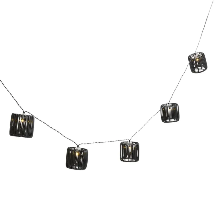 Black Faux Rattan Cylinder 10 Bulb Solar LED String Lights