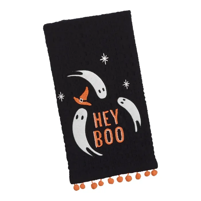 Black Hey Boo Ghost Waffle Weave Cotton Hand Towel