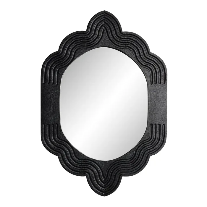 Black Mango Wood Groove Curved Wall Mirror