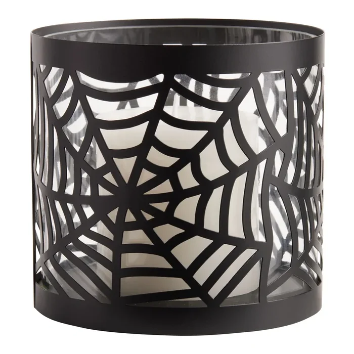 Black Metal and Glass Spiderweb Hurricane Candle Holder