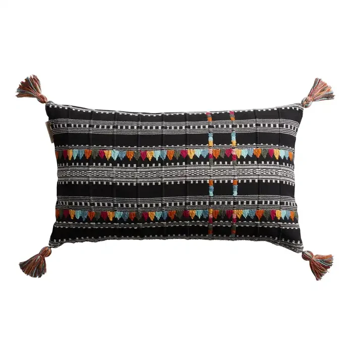 Black Multicolor Embroidered Lumbar Pillow