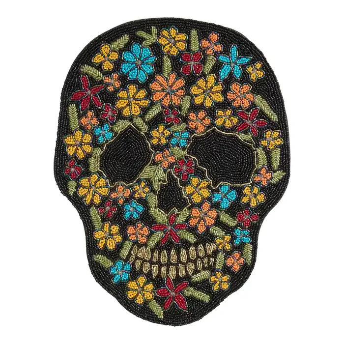 Black Multicolor Floral Sugar Skull Shaped Beaded Placemat