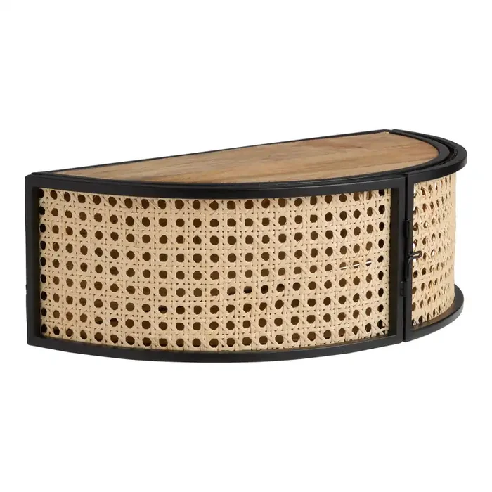 Black Wood and Natural Cane Floating Wall Shelf