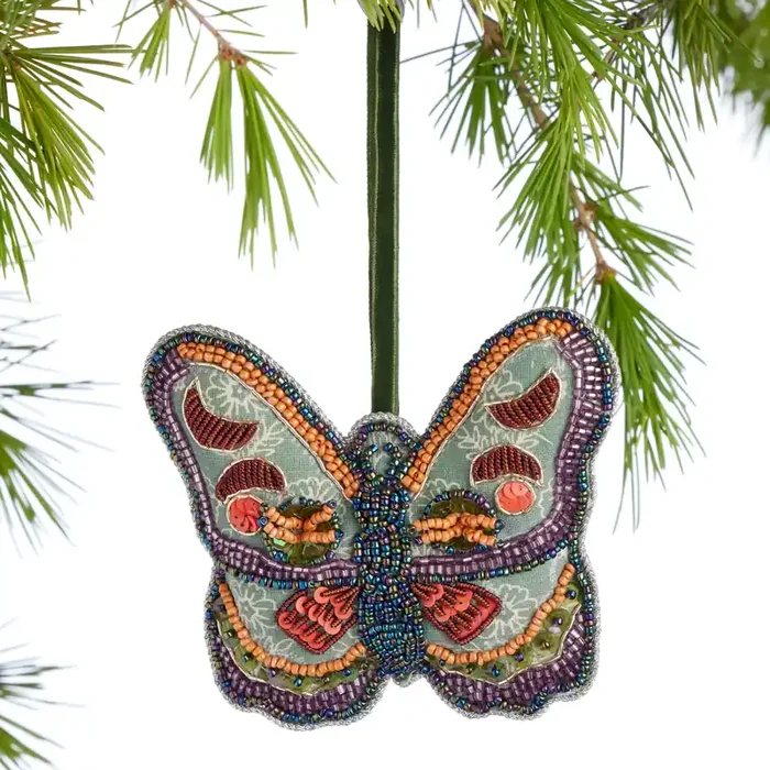 Block Print Fabric Beaded Butterfly Ornament