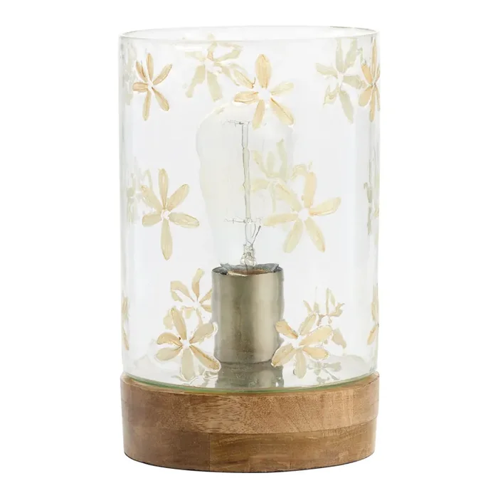 Blown Glass and Wood Pressed Flower Up Light Table Lamp