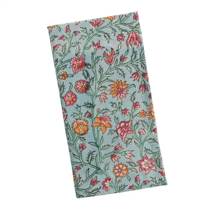 Blue and Fuchsia Wildflower Block Print Napkin