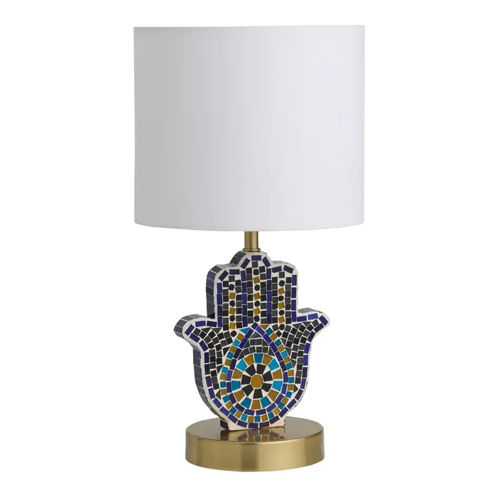 Blue and Gold Glass Mosaic Hamsa Shaped Accent Lamp