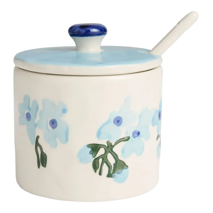 Blue and Ivory Ceramic Floral Sugar Bowl with Serving Spoon