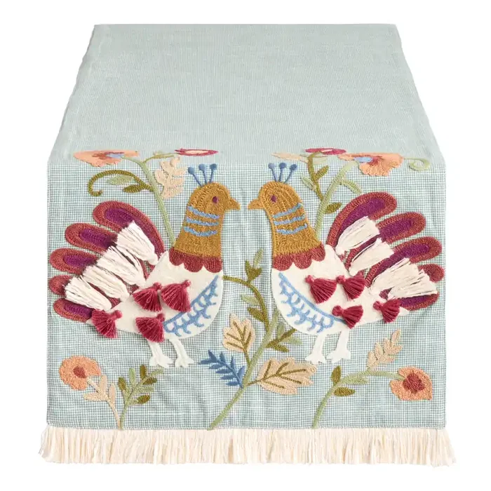 Blue and Sage Green Scandi Peacock Embroidered Table Runner