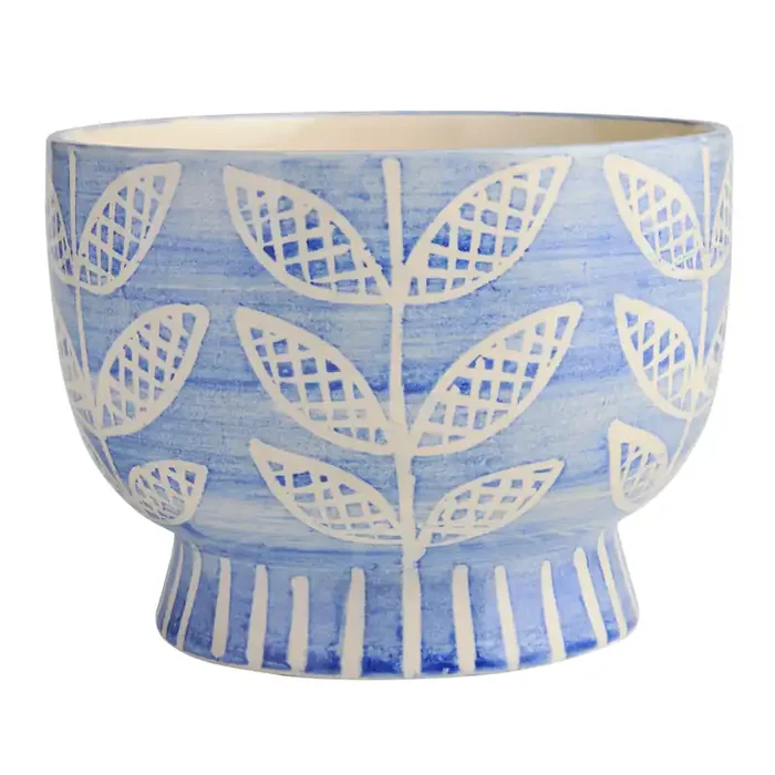 Blue and White Ceramic Leaves and Stems Planter