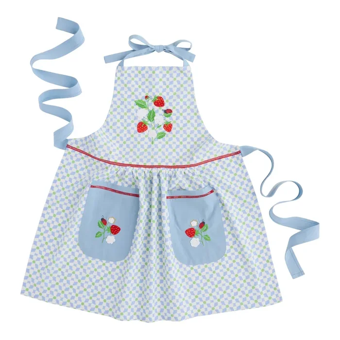 Blue and White Tile Print Embroidered Strawberry Apron
