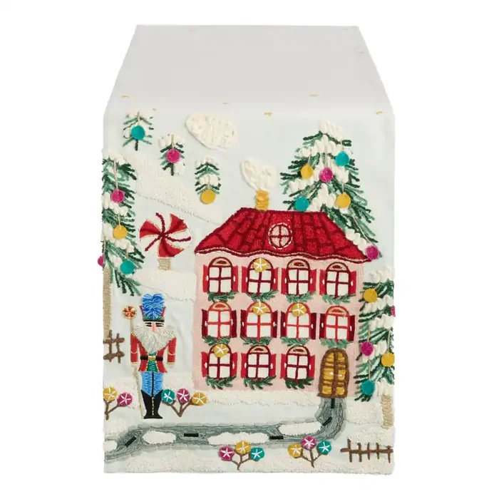 Blue Christmas Village Embroidered Table Runner
