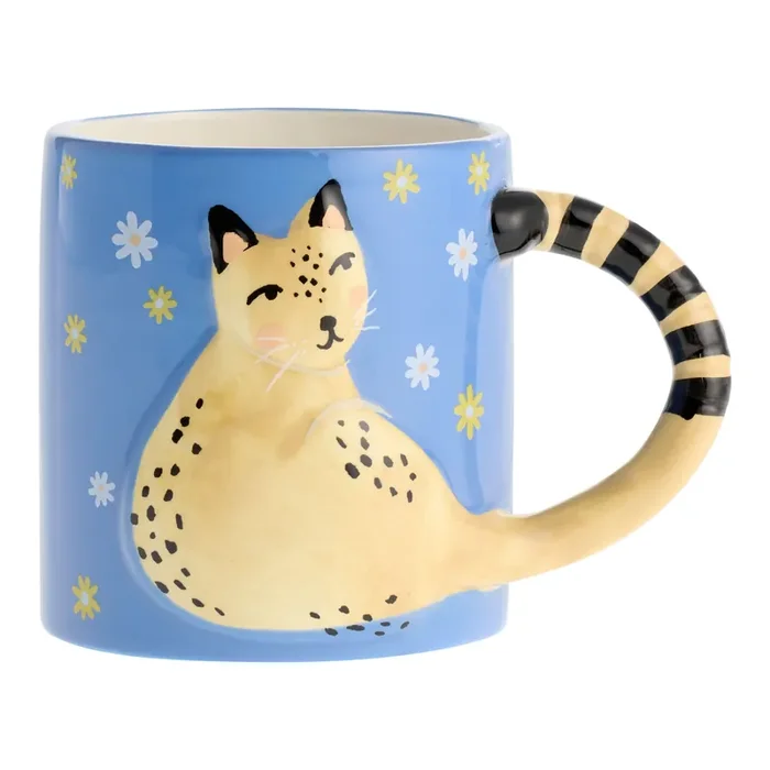 Blue Daisy and Cat Handle Ceramic Mug