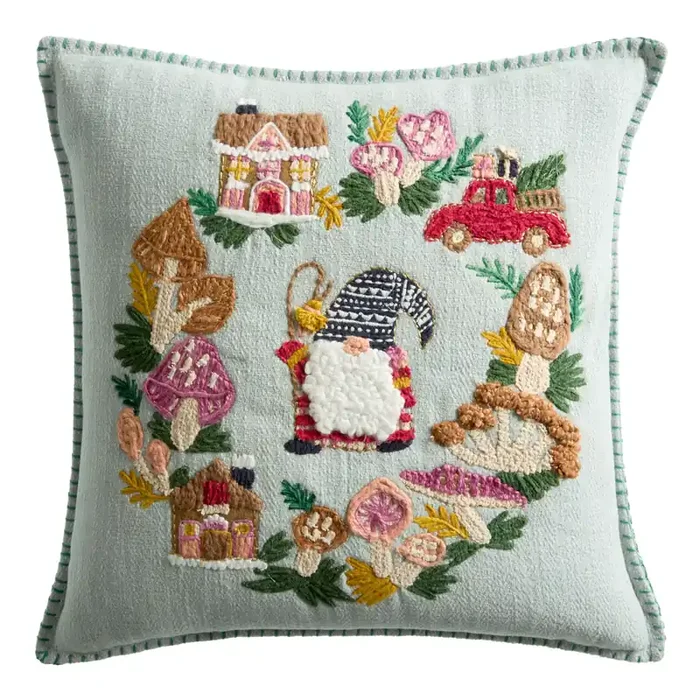 Blue Embroidered Gnome Mushroom Wreath Throw Pillow