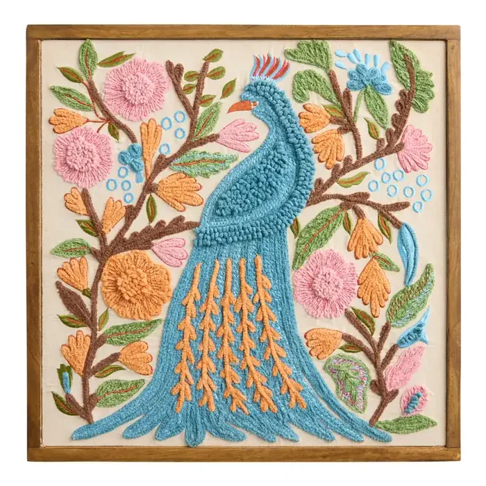 Blue Peacock Embroidered Cotton Framed Wall Art