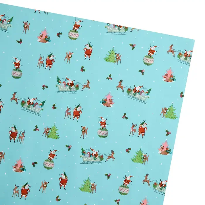 Blue Retro Santa Wrapping Paper Roll