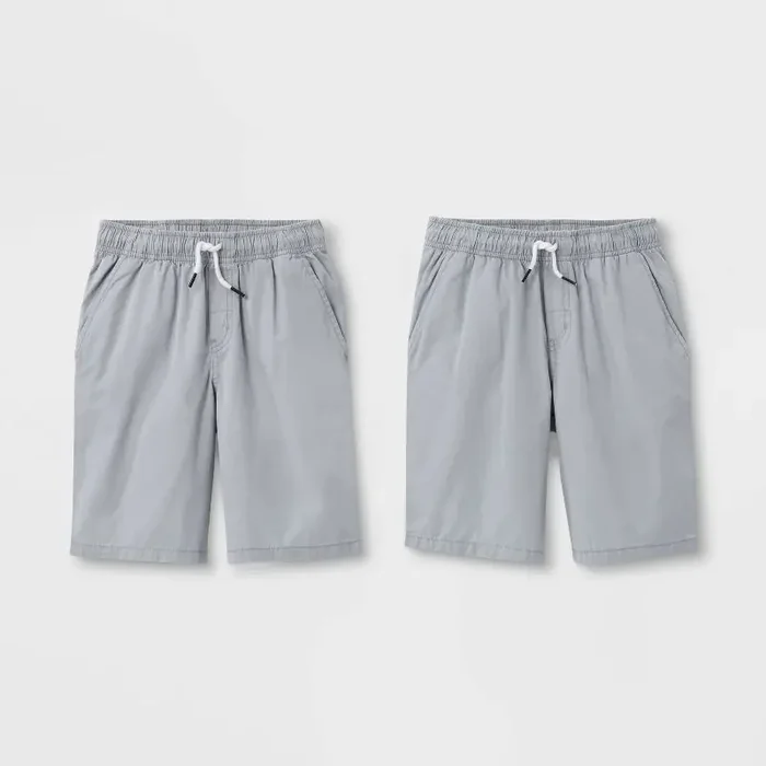 Boys‘ 2pk Pull-On Woven Shorts – Cat & Jack™ Gray/Gray XS Cotton Twill, Side & Patch Pockets, Flexible Drawstring