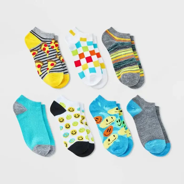 Boys‘ 7pk ‘smiley Pizza‘ Crew Socks – Cat & Jack™ L Recycled Polyester, Knit, Banded Cuff