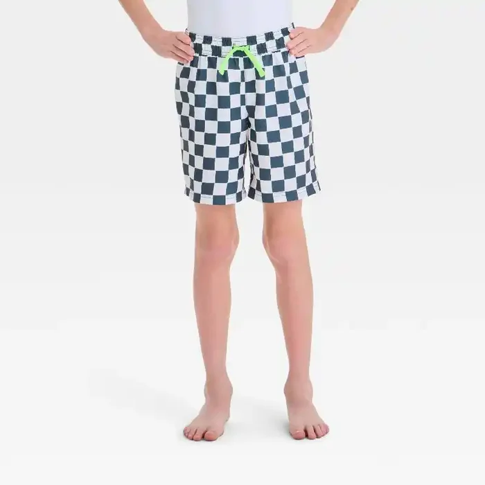 Boys‘ Checkered Swim Shorts – Cat & Jack™ Black XL Recycled Polyester, UPF 50+, Built-in Brief, Elastic Waistband, 6.5″ Inseam