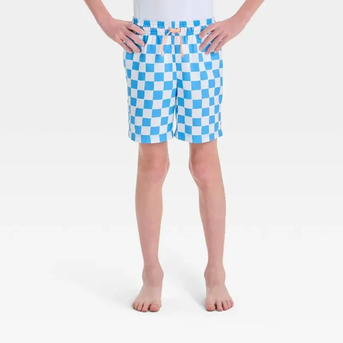 Boys‘ Checkered Swim Shorts – Cat & Jack™ Blue S UPF 50+, Elastic Waist, Built-in Brief
