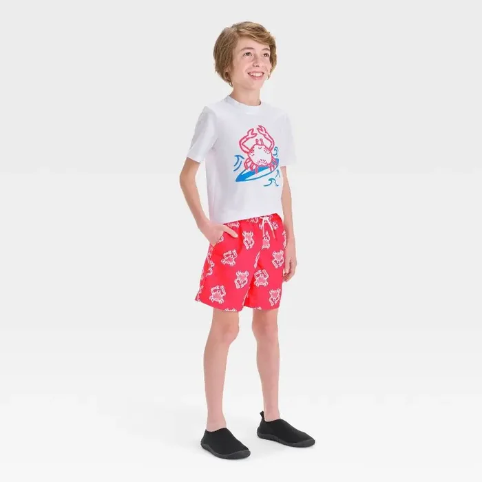 Boys‘ Crab Printed Rash Guard Set – Cat & Jack™ Red M UPF 50+, Adjustable Waistband, Built-in Brief