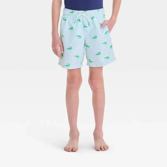 Boys‘ Crocodile Printed Swim Shorts – Cat & Jack™ Green L UPF 50+, Mid Rise, Flexible Drawstring