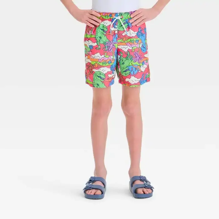 Boys‘ Dinosaur Printed Swim Shorts – Cat & Jack™ S Mid Rise, Front Drawstring, UPF 50+, 5″ Inseam, Animal Prints