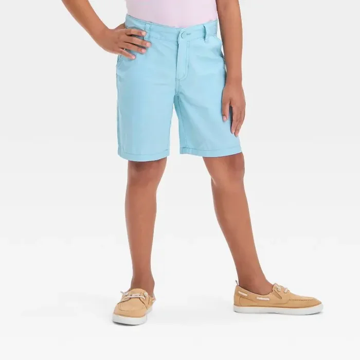 Boys‘ Flat Front ‘At the Knee‘ Chino Shorts – Cat & Jack™ Aqua Green 18 Cotton Twill, Adjustable Waistband