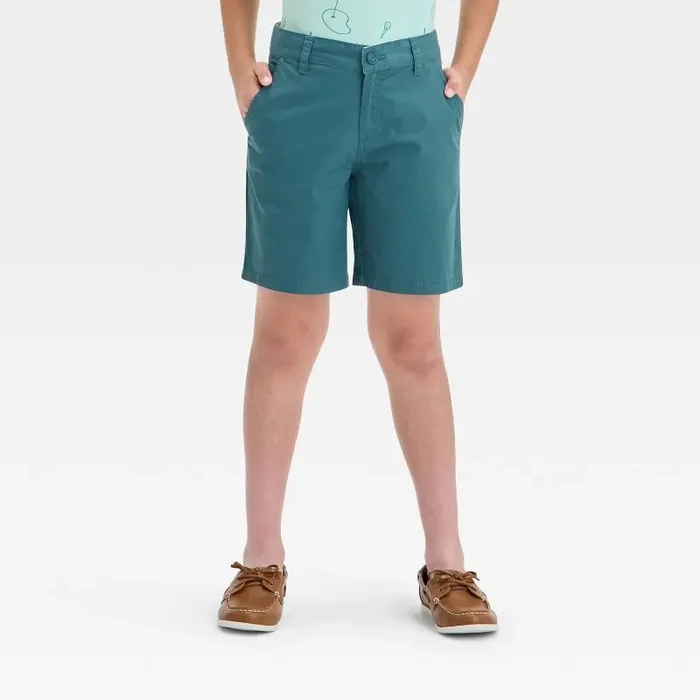 Boys‘ Flat Front ‘At the Knee‘ Chino Shorts – Cat & Jack™ Green 7 Cotton Twill, Adjustable Waistband, Side & Back Pockets