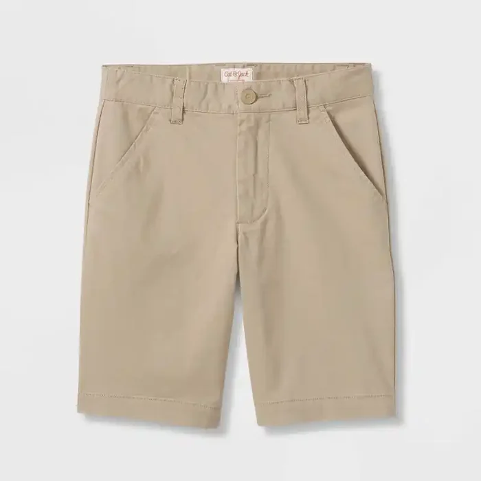 Boys‘ Flat Front Uniform Chino Shorts – Cat & Jack™ Dark Khaki 8 Adjustable Waist, Mid Rise, Twill Fabric