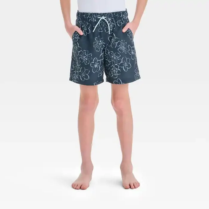 Boys‘ Floral Printed Swim Shorts – Cat & Jack™ Gray XL Recycled Polyester, UPF 50+, Mid Rise, Flexible Drawstring