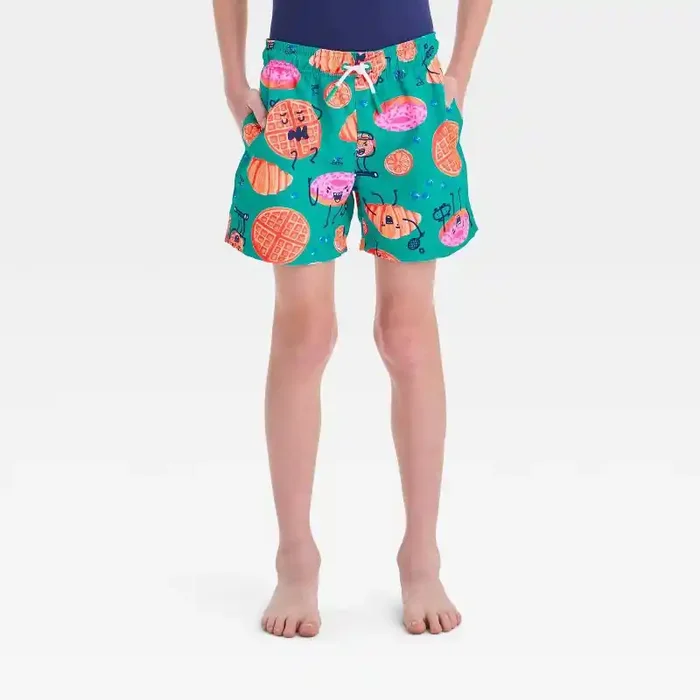Boys‘ Food Printed Swim Shorts – Cat & Jack™ Teal Blue L Recycled Polyester, Elastic Waistband, Built-in Brief, UPF 50+