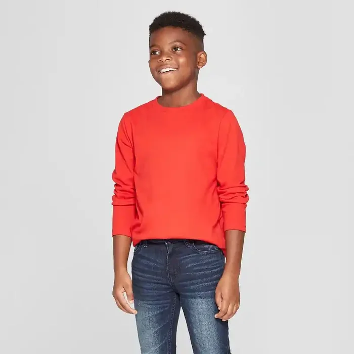 Boys‘ Long Sleeve T-Shirt – Cat & Jack™ Red S Cotton Blend, Recycled Polyester, Midweight Jersey, Pullover, Basic Tee