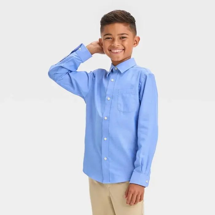 Boys‘ Long Sleeve Woven Button-Down Shirt – Cat & Jack™ Light Blue L Cotton-Polyester Blend, Herringbone Pattern,