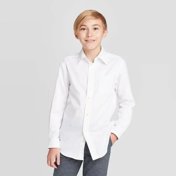 Boys‘ Long Sleeve Woven Button-Down Shirt – Cat & Jack™ White XL Classic Herringbone Pattern