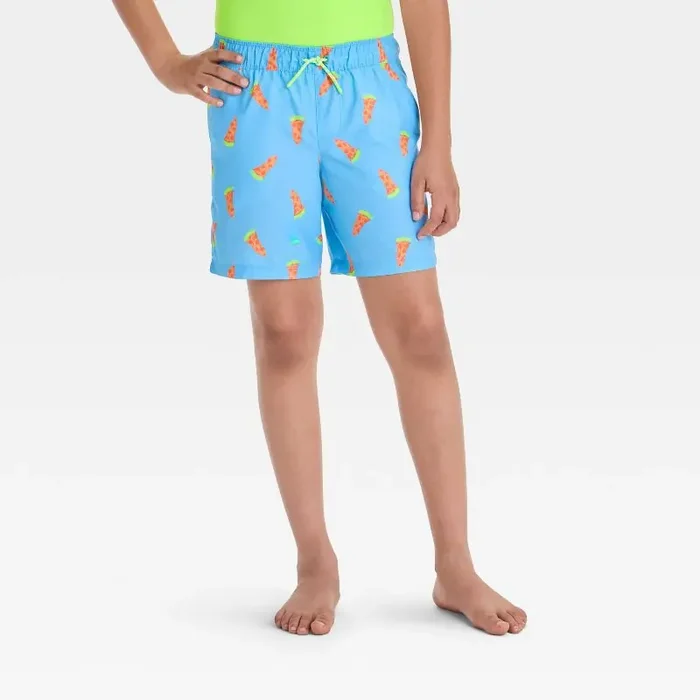 Boys‘ Pizza Printed Swim Shorts – Cat & Jack™ Blue L Recycled Polyester, UPF 50+, Flexible Drawstring, Above Knee Length