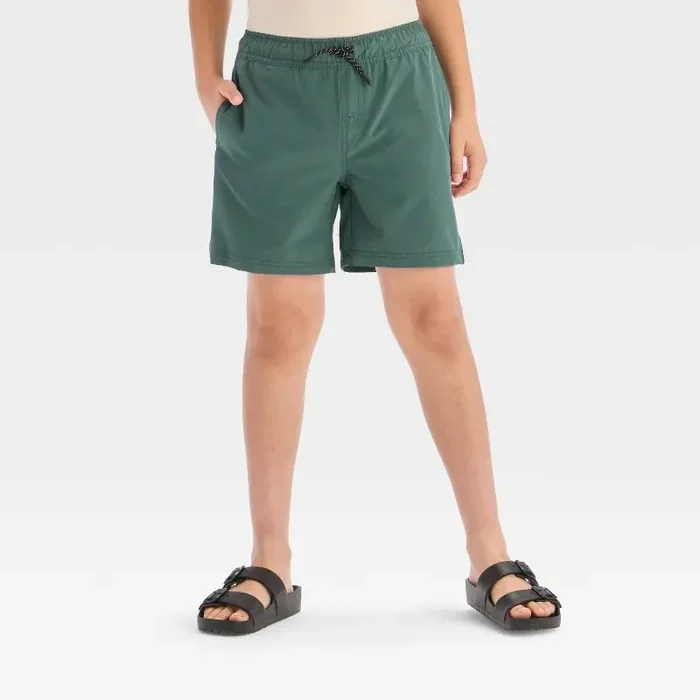 Boys‘ Quick Dry ‘Above the Knee‘ Pull-On Shorts – Cat & Jack™ Dark Teal Green L Recycled Polyester, Spandex, Drawstring