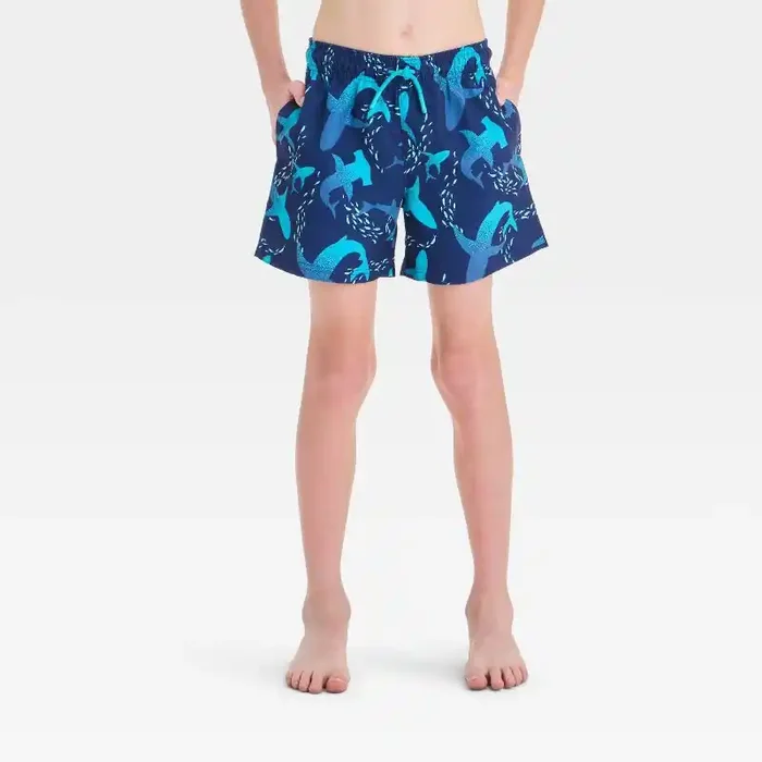 Boys‘ Shark Printed Swim Shorts – Cat & Jack™ Blue M UPF 50+, Elastic Waist, Built-in Brief