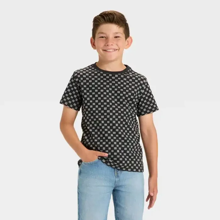 Boys‘ Short Sleeve Checkered T-Shirt – Cat & Jack™ Charcoal Gray L