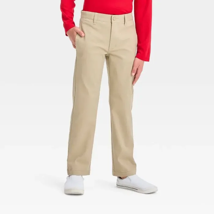 Boys‘ Straight Fit Uniform Pants – Cat & Jack™ Khaki 18 Adjustable Waistband, Twill Fabric