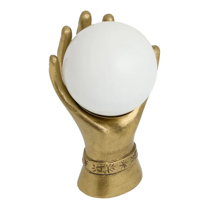 Brass and Milk Glass Globe Mystic Hand Shaped LED Table Lamp