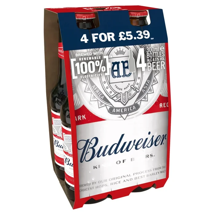 Budweiser Lager Beer Bottles 300ml 4 Pack PMP £5.39 – Case of 6