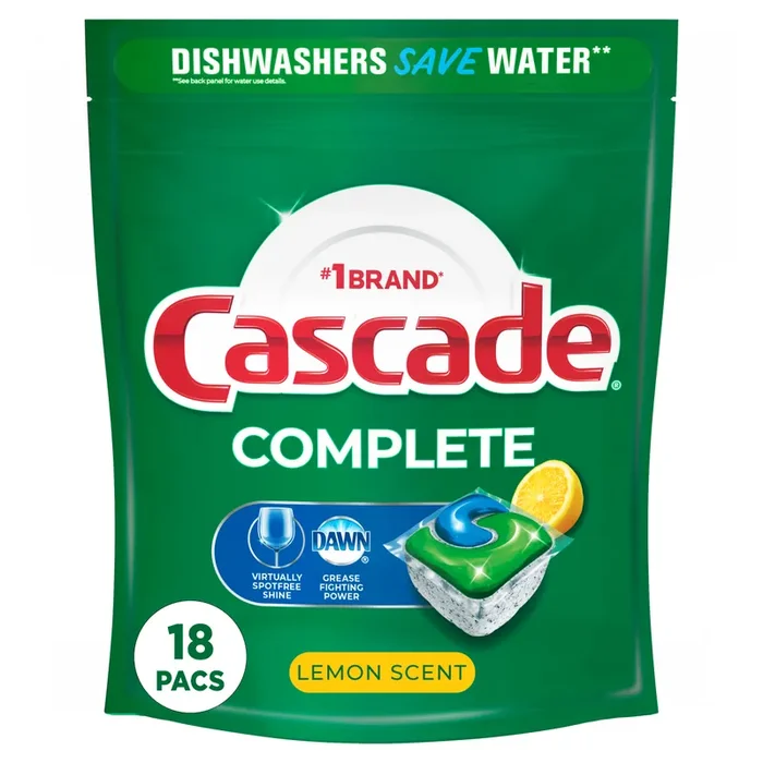 Cascade Complete Dishwasher Pods, Dishwasher Detergent, Dishwasher Soap, Dishwasher Tab Tablets, Dish Detergent, Lemon, ActionPacs, 18 Count